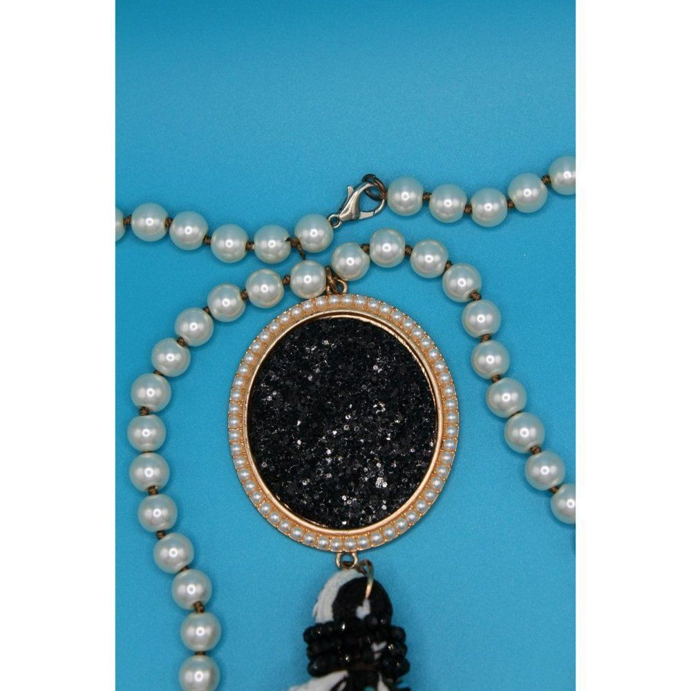 Individual Tied Glass Faux Pearls Druzy Medallion Tassel Long Statement Necklace - Picture 3 of 6